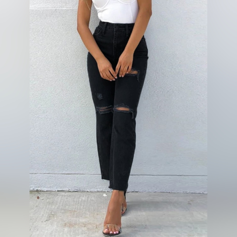 Women's Black Distressed High Waist Straight Jeans - Picture 3 of 3